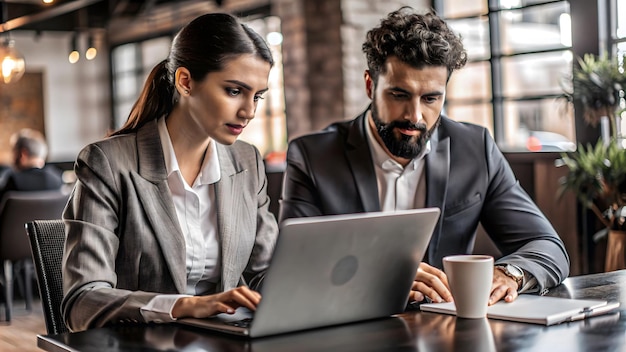 Businessman and Businesswoman use laptop to Making for Operations Management