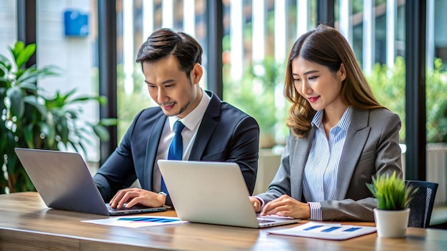 Businessman and Businesswoman use laptop to Making for Operations Management