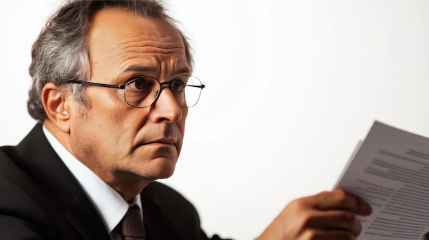 A businessman carefully reviewing legal documents with a look of concentration and diligence