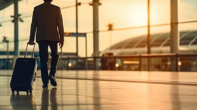 Businessman carrying a wheeled bag at the airport Generative Ai