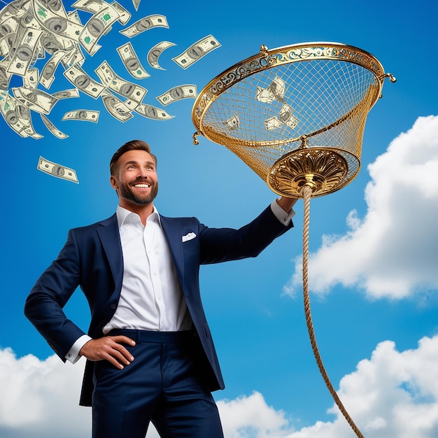 Photo businessman catching money with landing net