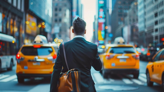 Businessman catching taxi in city