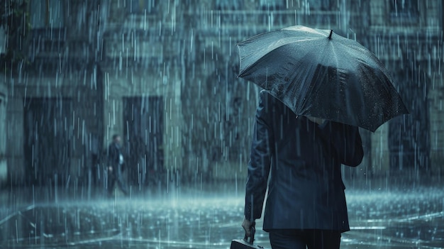 Businessman caught in rainstorm without umbrella drenched suit and briefcase symbolizing unforeseen challenges and pressures of his role