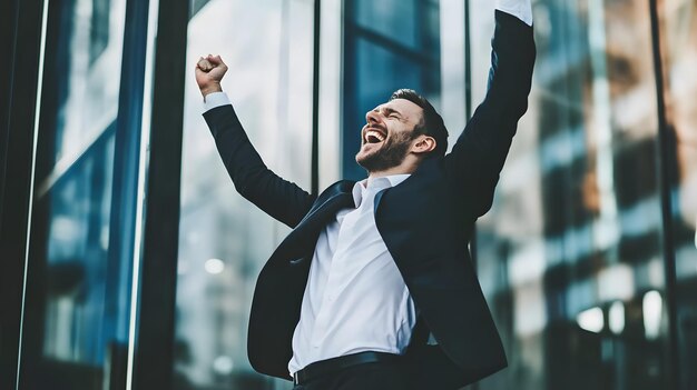 A businessman celebrates a successful deal raising his arms in victory