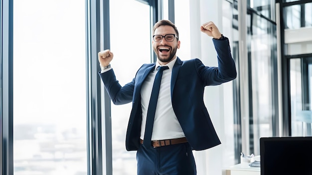 A businessman celebrates a successful deal with a big smile and arms raised in victory