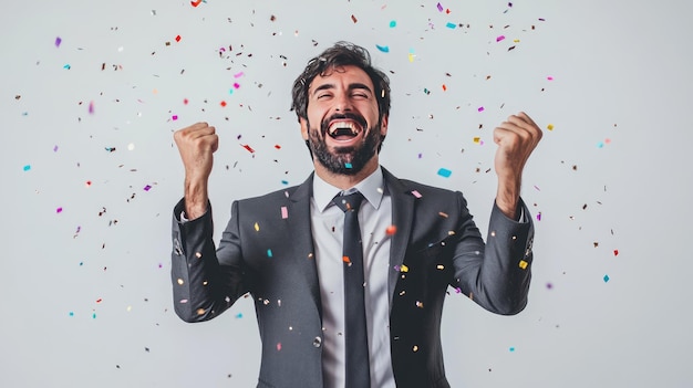 A businessman celebrating a significant milestone with a celebratory gesture and a joyful expression