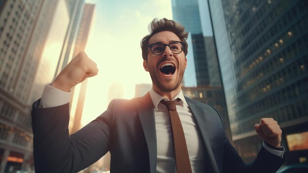 Businessman celebrating success in the city Successful businessman in a suit and tie rejoices