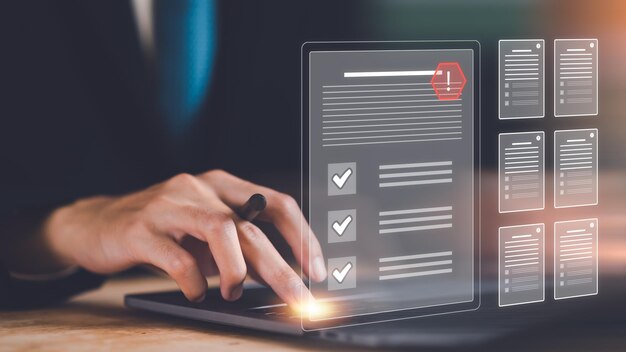 Photo businessman checking the steps through document with a list of checkboxes regulation concepts of pra