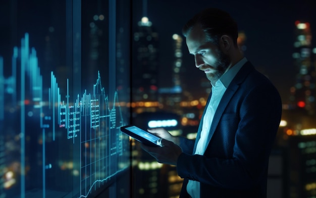 Businessman checking stock market data on tablet on night background