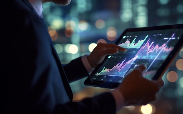 Businessman checking stock market data on tablet on night background