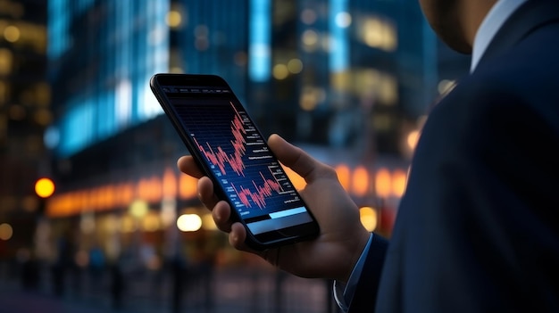 Businessman checking stock market prices on his phone in the city at night