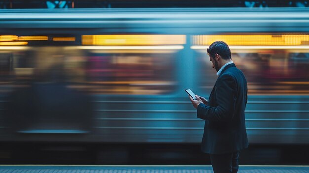 Photo a businessman checks his smartphone while waiting at a subway station during evening rush hour i