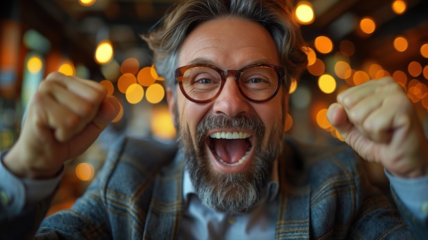 Businessman cheers with arms raised and fist raised and shouting