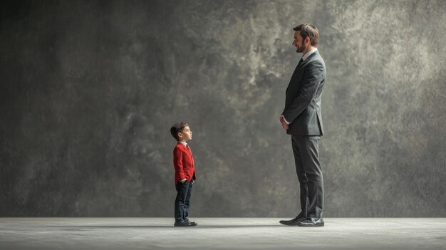 Photo businessman and child engage in facetoface conversation highlighting contrast between youth professionalism