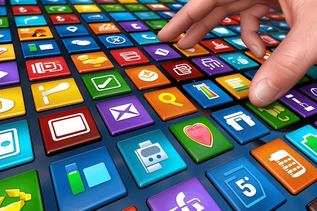 Photo businessman choosing an app on a touch screen with colorful icons