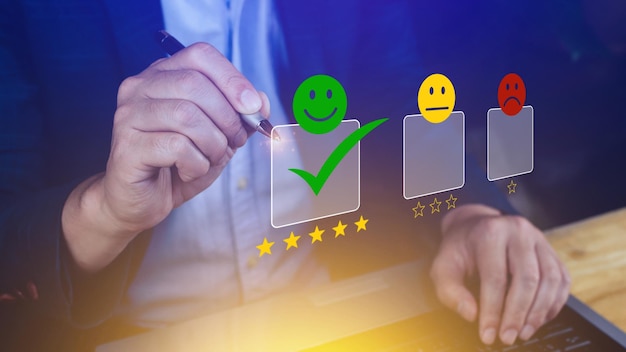 Businessman choosing happy smile face icon feedback rating and positive customer review experience satisfaction survey mental health assessment