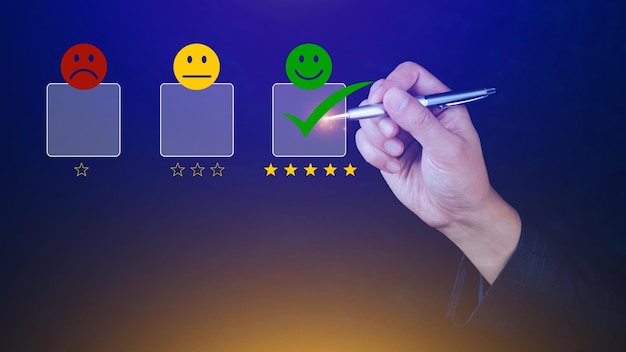 Businessman choosing happy smile face icon feedback rating and positive customer review experience satisfaction survey mental health assessment