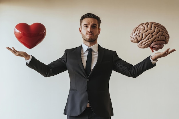 Photo businessman choosing between heart and brain balancing on hands