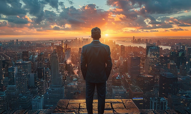 Businessman on a City Rooftop Looking over the Skyline