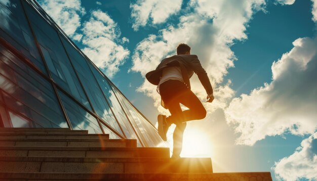 Photo businessman climbing stairs symbolizing growth success rush hour in city with copy space and sky