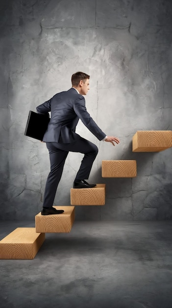 Photo businessman climbing up the steps made of wooden pegs in a conceptual image of business vision and