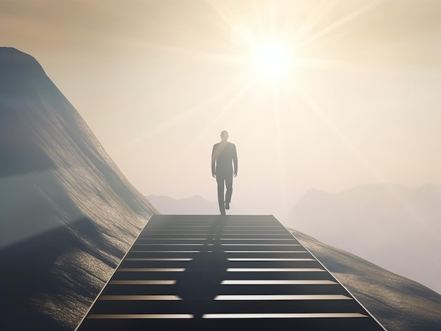 Businessman Climbs Stairs to Success Under Bright Sun with Determination and Work Hard