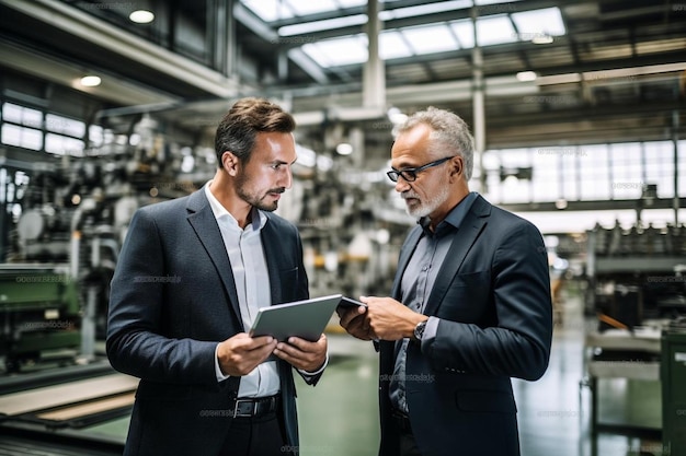 businessman and colleague discussing together in factory