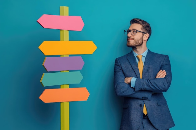 Photo businessman next to a colorful signpost