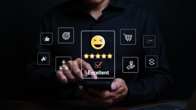 Businessman comment and give excellent rating to service experience on online application Customer satisfaction feedback survey concept User evaluate quality of service reputation ranking of business