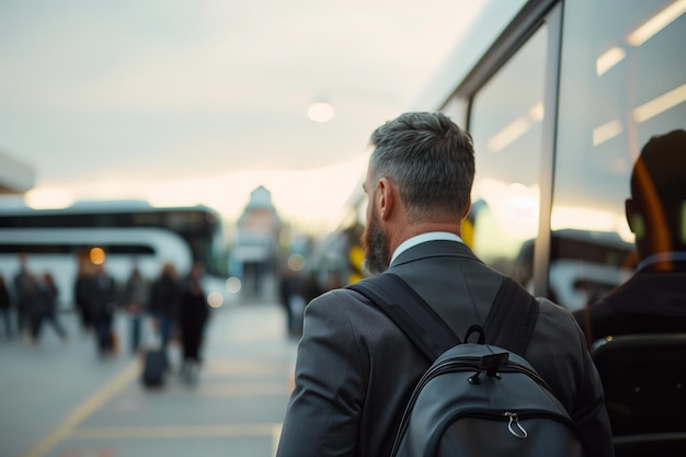 Photo businessman commuting with backpack at bus station