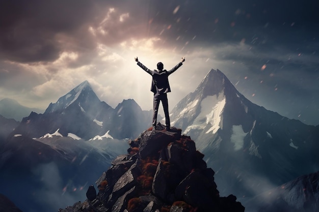 Businessman Conquering Mountain Summit Generative AI