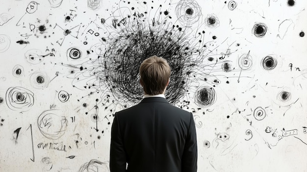 Photo a businessman contemplating art in a modern gallery featuring abstract black ink designs and swirling patterns