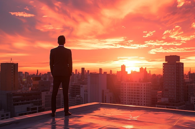 Businessman contemplating city at sunset