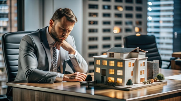 Businessman Contemplating a Model Home in a Dimly Lit Office Generative AI