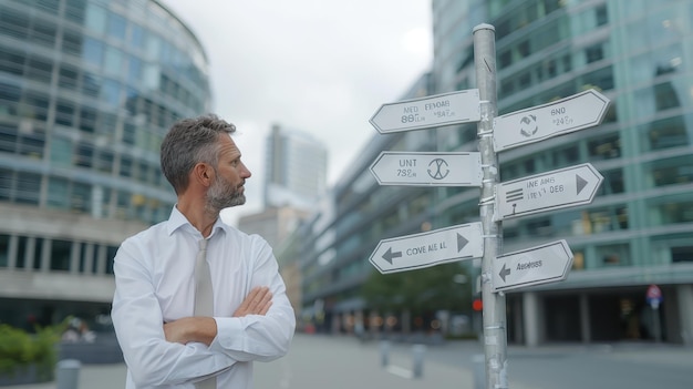 Businessman Decision Making Concept with Directional Signs in Urban Setting