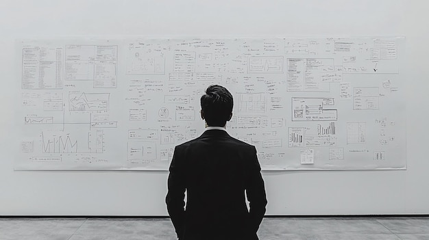 Businessman Deep in Thought During Brainstorming Session in Front of Flowcharts and Notes