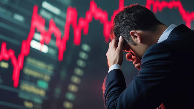 Photo businessman in despair on the floor staring at dismal stock market graph