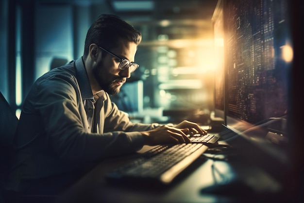 Businessman diligently working on a computer in a modern office setting