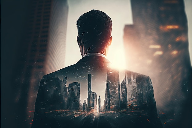 Businessman double exposure with city background