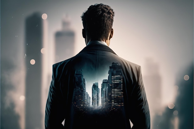 Businessman double exposure with city background