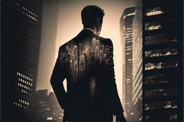 Businessman double exposure with city background