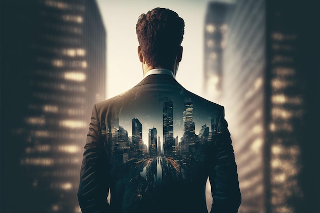 Businessman double exposure with city background