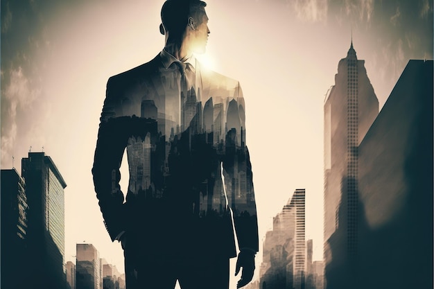 Businessman double exposure with city background