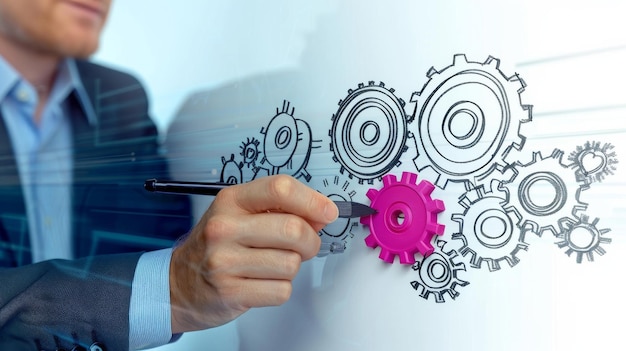 Businessman Drawing a Gear Diagram for Business Success and Innovation