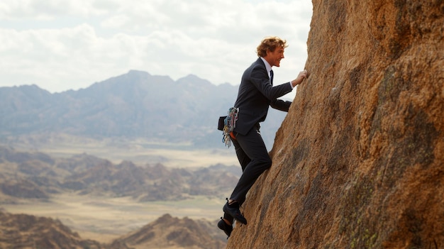 A Businessman Dressed in a Suit and Climbing Gear is Skillfully Climbing a Steep Rock Face The concept of overcoming difficulties on the way to success