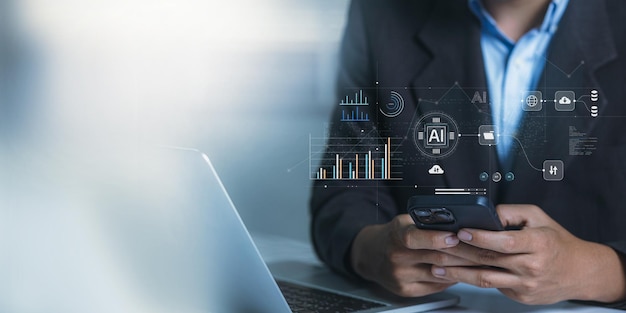 Businessman employing artificial intelligence AI for data management to business analytics using charts metrics and KPIs to improve organisational performance marketing organisation planning