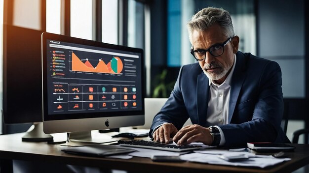 Businessman engrossed in his work at the office sitting reading a laptop with his hand to his chin