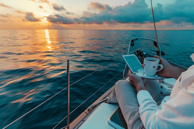 Photo businessman enjoying morning coffee and catching up on news on yacht while sailing at sea