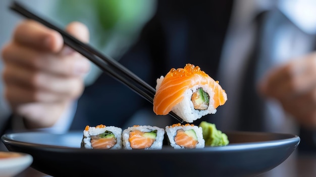 Photo businessman enjoying sushi at a business lunch combining work with fine dining