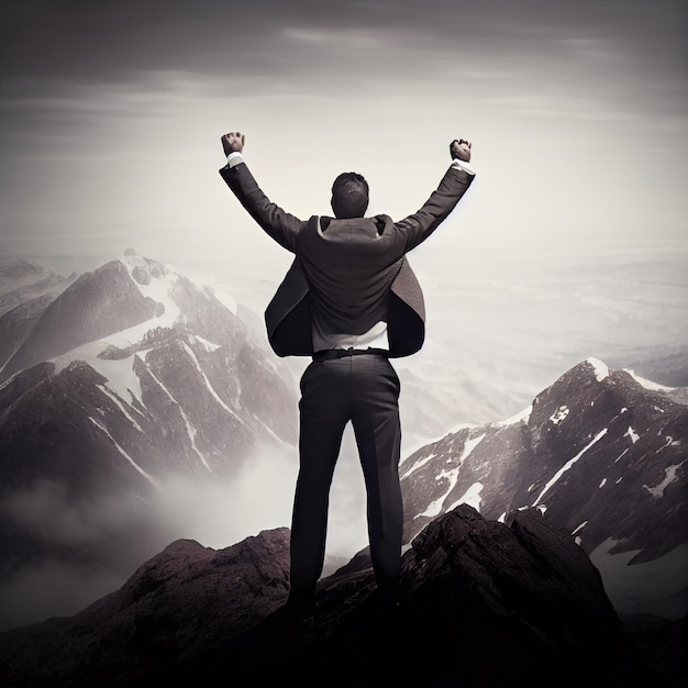 Businessman or entrepreneur in mountain peak Alone at the top Business goals illustration